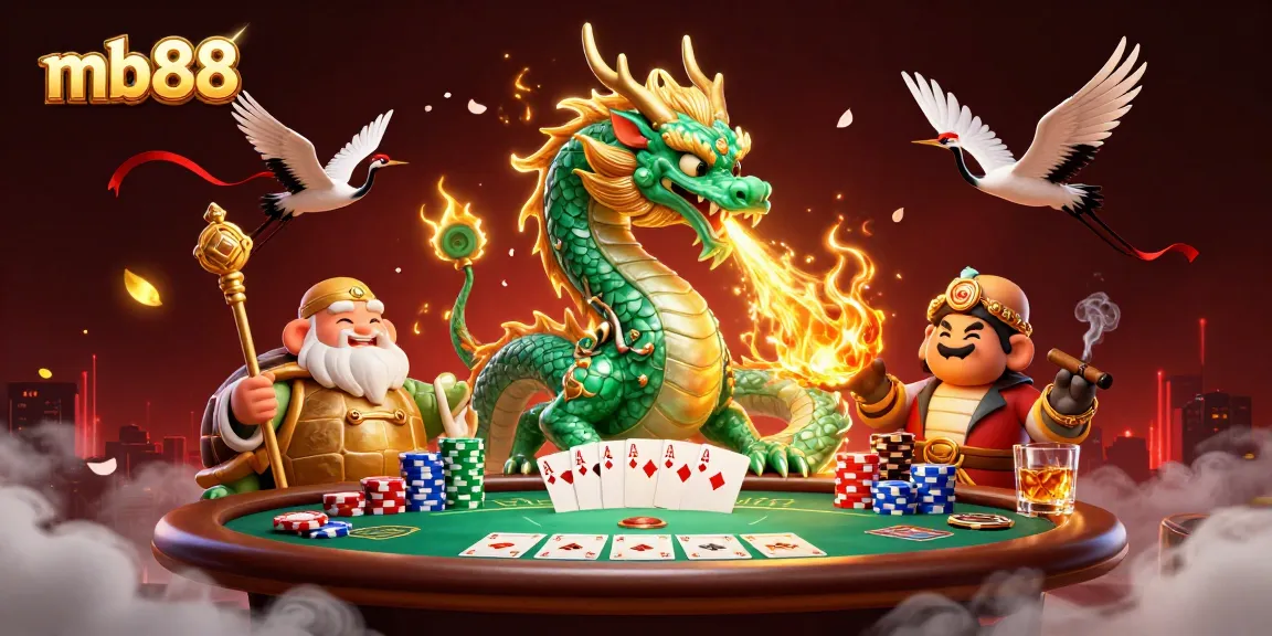 Experience thrilling moments with mb88 as a jade dragon, turtle sage, and lucky cranes surround a vibrant poker scene.