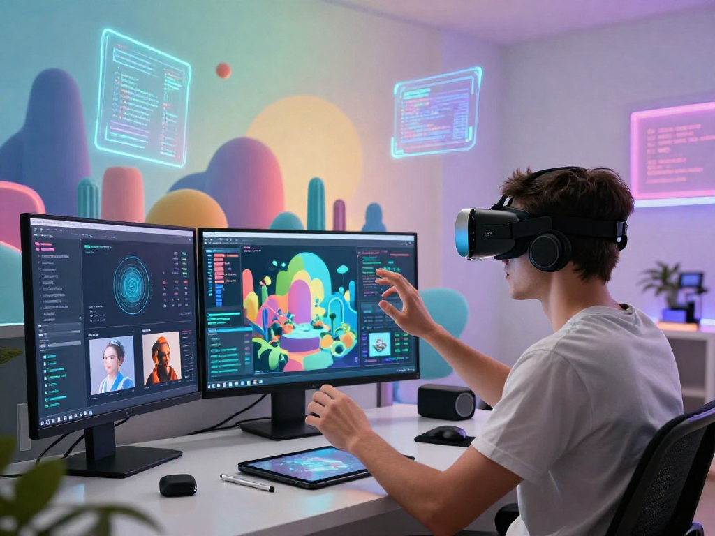 User engaged in NSFW AI art creation within a vibrant virtual reality environment, utilizing advanced technology and immersive design elements.