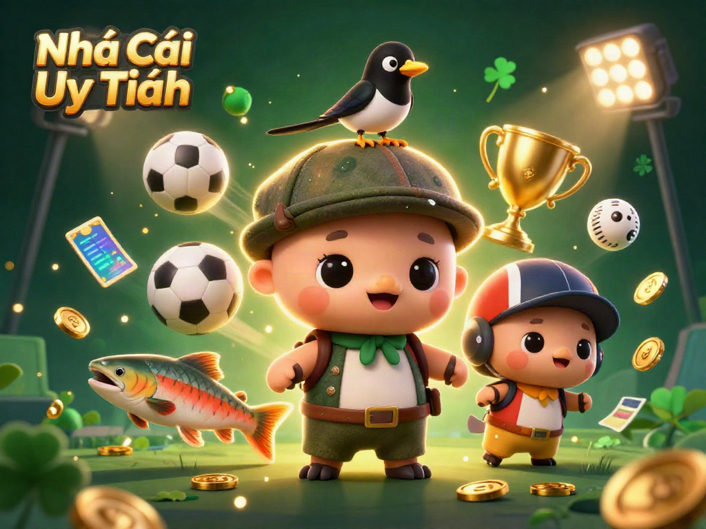 Engaging illustration of Nhà Cái Uy Tín, featuring a playful baby Nessie in a casino-themed sports scene.