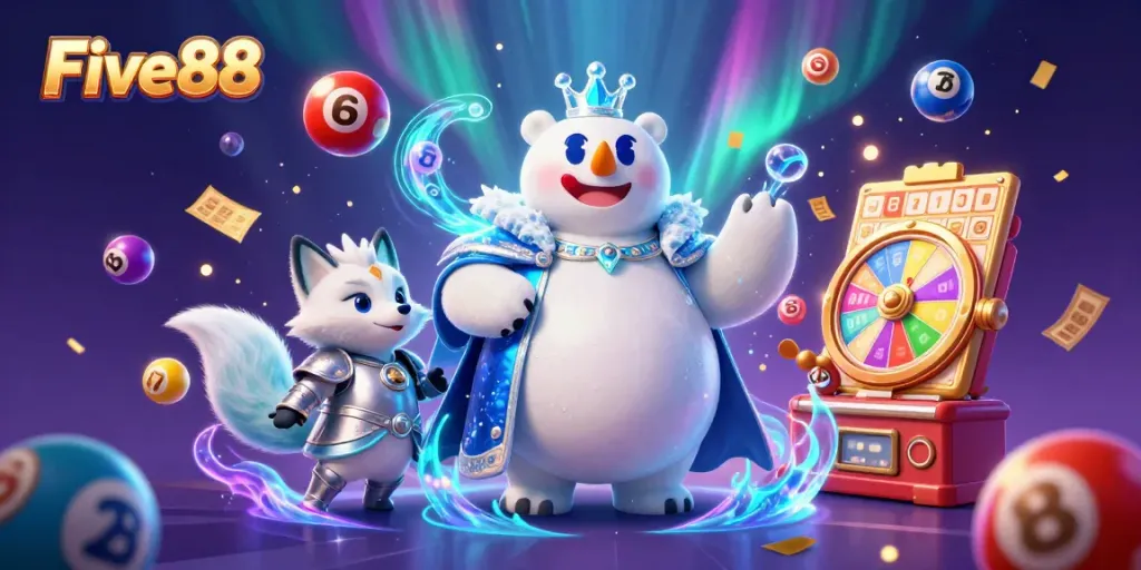 Experience the magical atmosphere of Five88 with vibrant lottery balls and exciting casino elements in 3D.