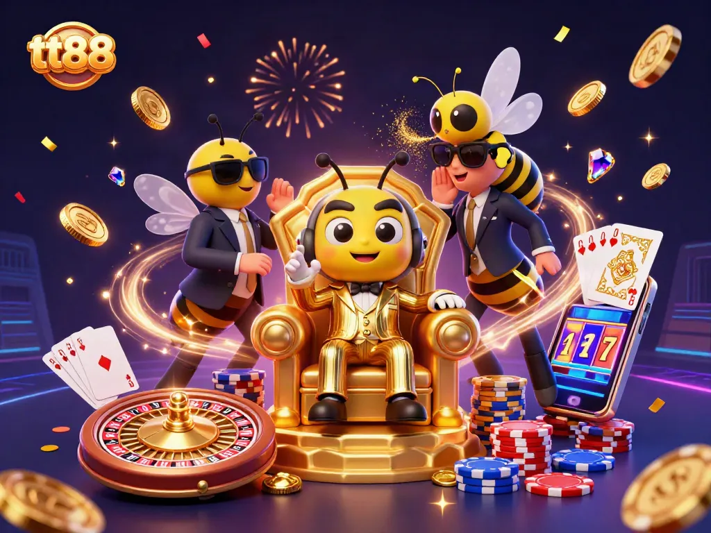 Experience tt88's vibrant casino world with a bumblebee mob boss and dazzling gaming elements.