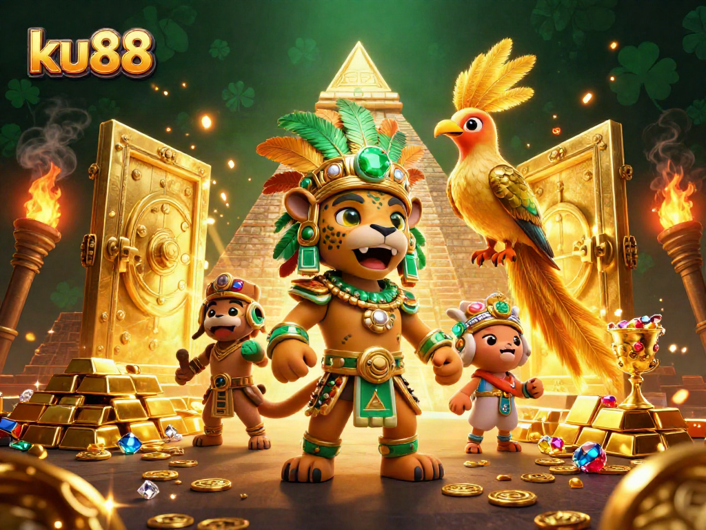 Experience thrill at ku88 casino with a vibrant, dynamic 3D illustration showcasing Mayan themes and rich treasures.