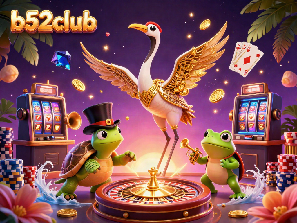 Experience the excitement of b52club with a lively 3D casino scene featuring charming characters and dynamic game elements.