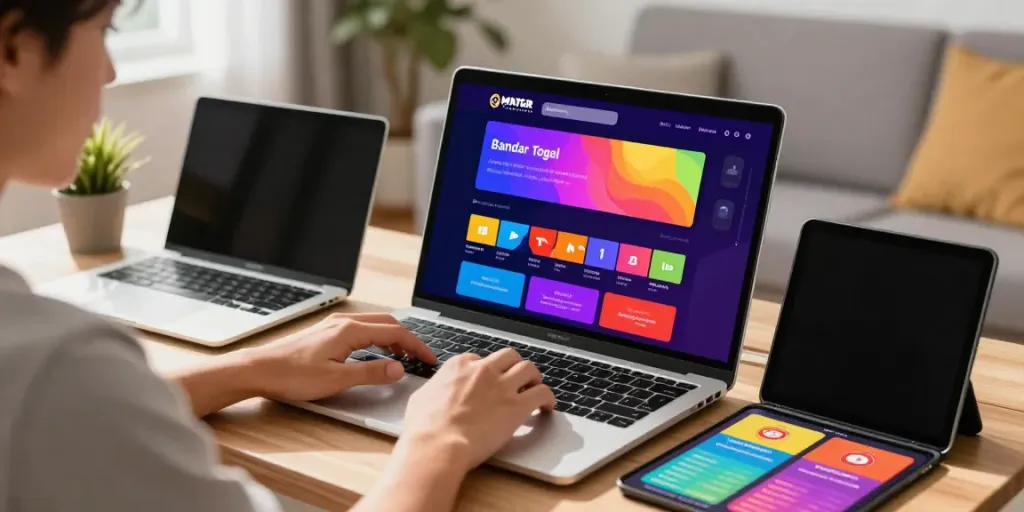 Engaging Bandar Togel interface on a laptop in a lively home setting