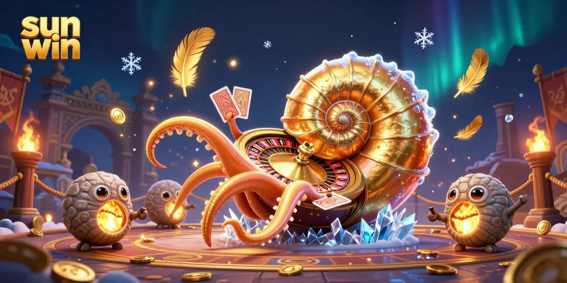 Engage with the sun win gaming experience in a vibrant 3D casino illustration featuring a nautilus roulette wheel.