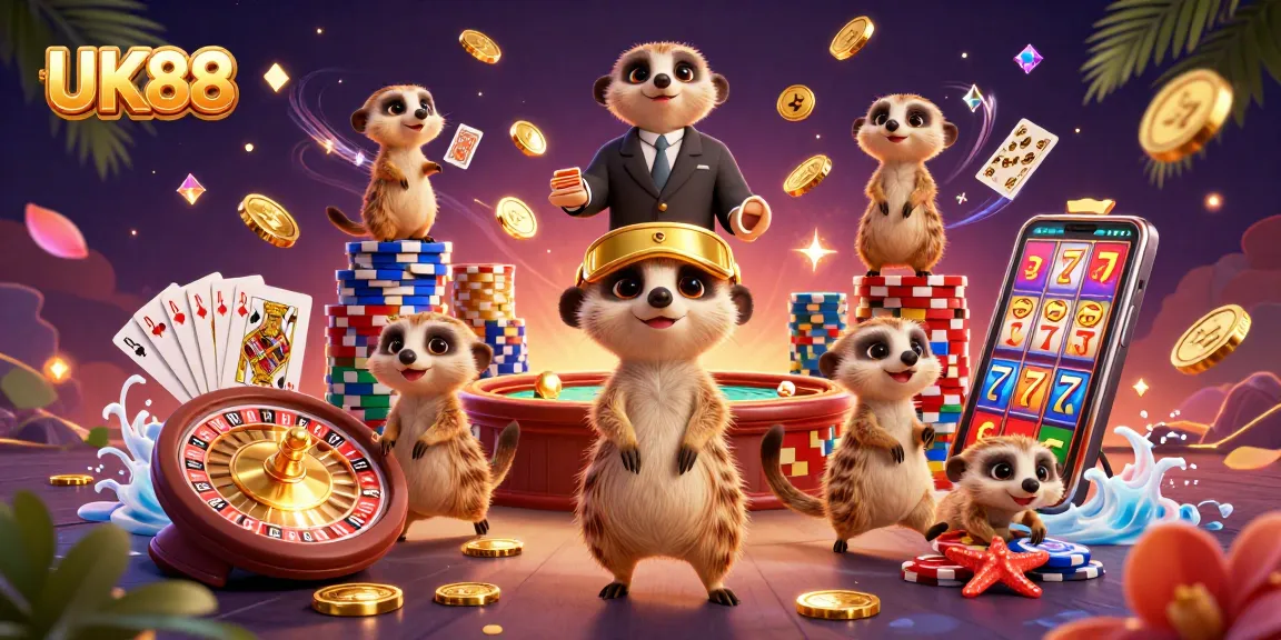Engage in thrilling games at UK88 with playful meerkats managing an exciting casino.