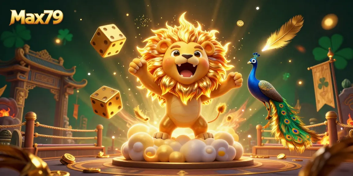 Experience Max79's thrilling casino energy with a roaring lion, golden dice, and vibrant game elements.
