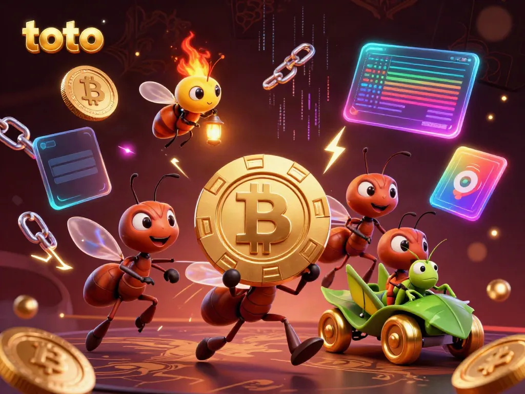 Engage in thrilling toto gaming with cartoon ants carrying a giant poker chip amidst vibrant casino elements.