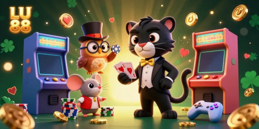Engaging illustration of LU 88 casino experience with characters like a tuxedo panther, owl, and lucky mouse in a vibrant setting.