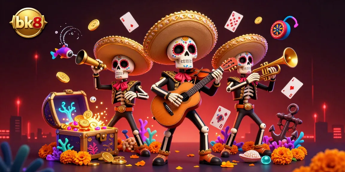 Experience thrilling gaming action at bk8 with a festive mariachi band amidst vibrant gambling elements.