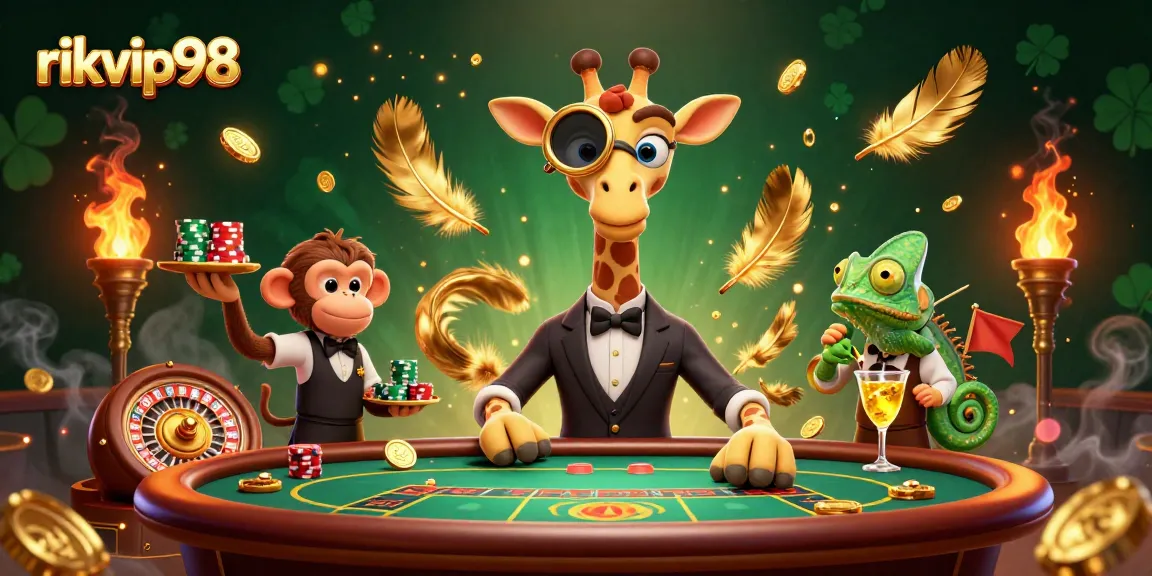 Experience winning strategies at rikvip98 with a vibrant casino scene featuring a high-roller giraffe and lively characters.