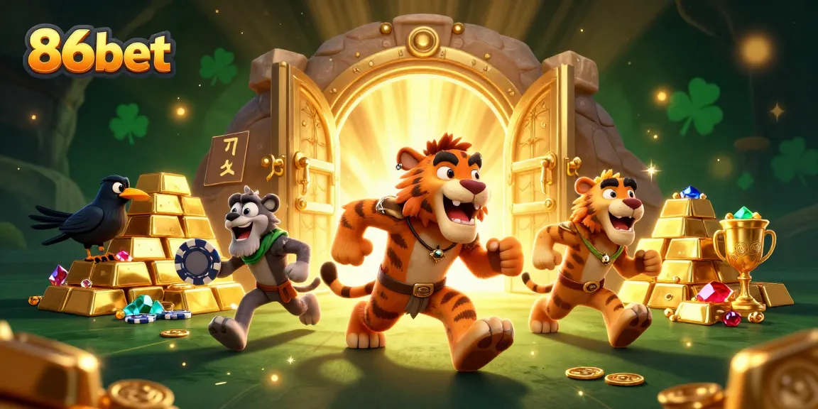 Experience thrilling gaming at 86bet with a vibrant prehistoric casino scene filled with treasures.