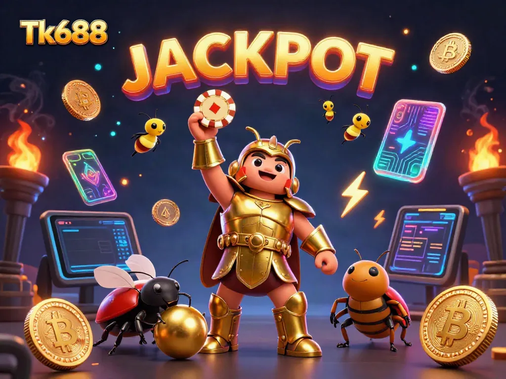 Play thrilling games and win with Tk688, as a victorious beetle raises a poker chip against a vibrant casino backdrop.