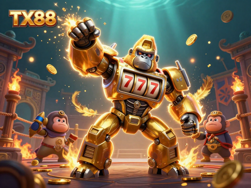 Experience the thrill of TX88 with a golden gorilla mech amidst vibrant casino elements.