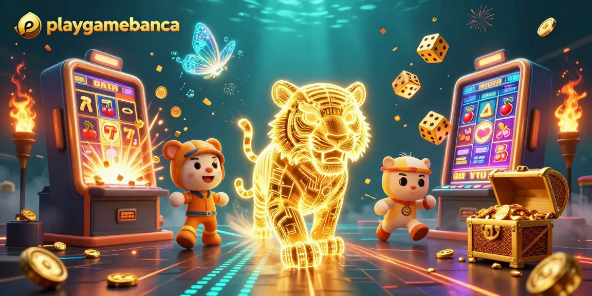Engage with playgamebanca's thrilling digital casino, featuring a glowing tiger and jackpot slots.