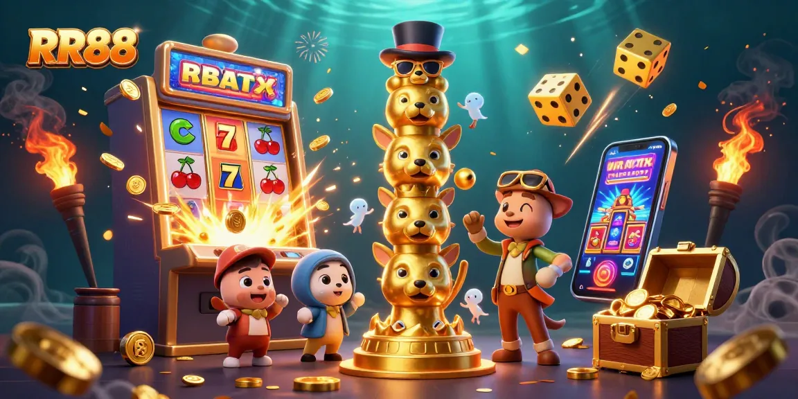 Engage with RR88's dynamic atmosphere showcasing vibrant casino elements and winning opportunities.