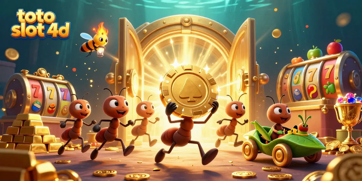 Engaging scene featuring a team of ants in a toto slot 4d heist with golden poker chips and jewels.