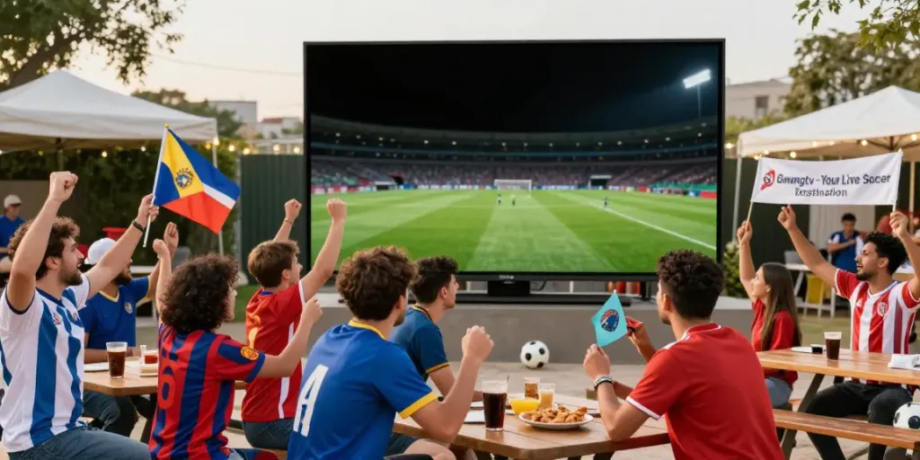 Excited soccer fans enjoying a live match experience with Gavangtv in a festive outdoor setting.