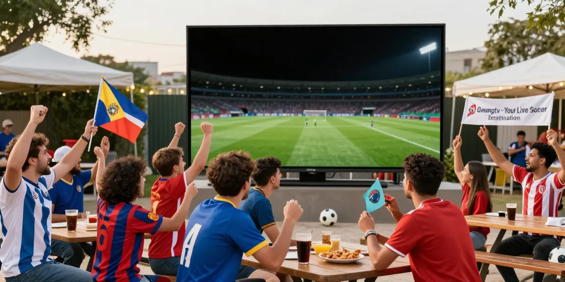 Excited soccer fans enjoying a live match experience with Gavangtv in a festive outdoor setting.
