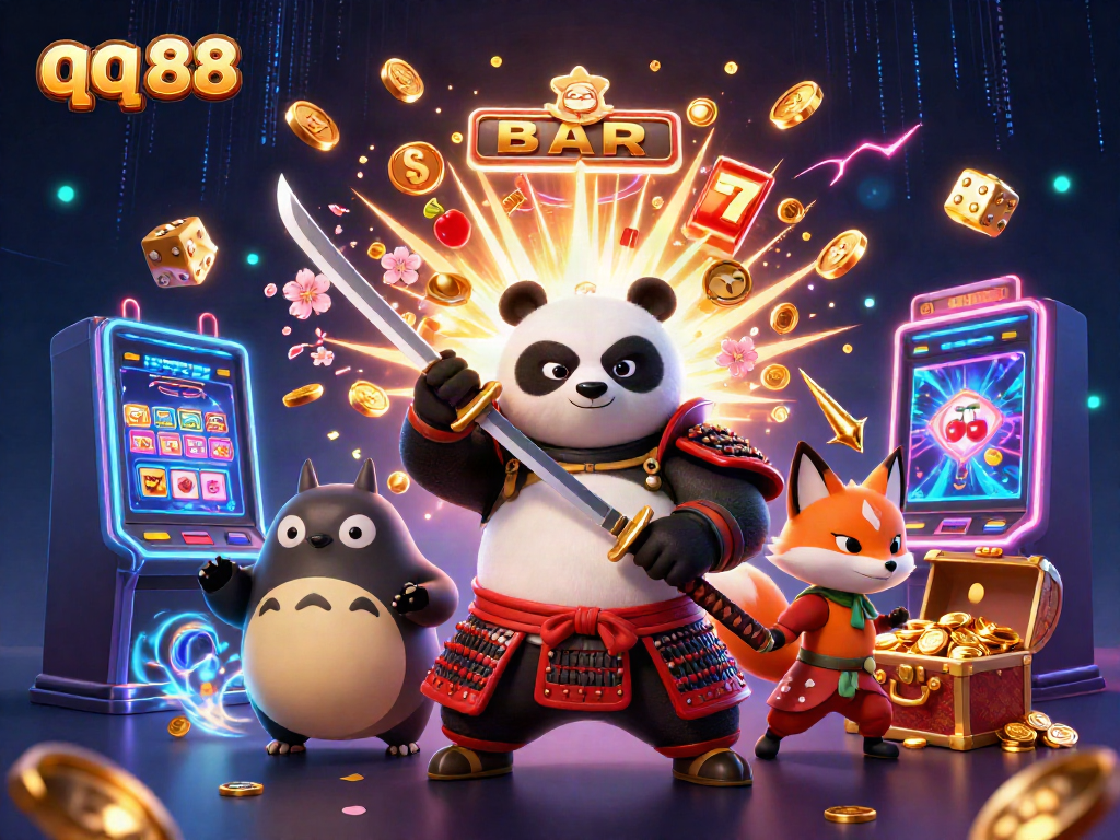 Experience thrilling adventures and jackpot wins at qq 88, featuring an action-packed scene with a samurai panda and vibrant gaming elements.