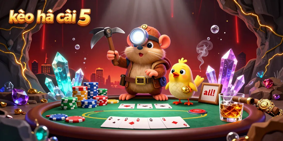 Engaging scene integrating kèo nhà cái 5, featuring a vibrant treasure hunter mole mining in a glowing casino environment.