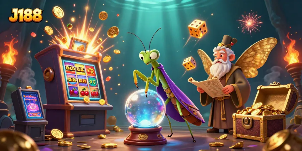 Engage with the vibrant J188 casino realm featuring a fortune teller and moth librarian amidst jackpot excitement.