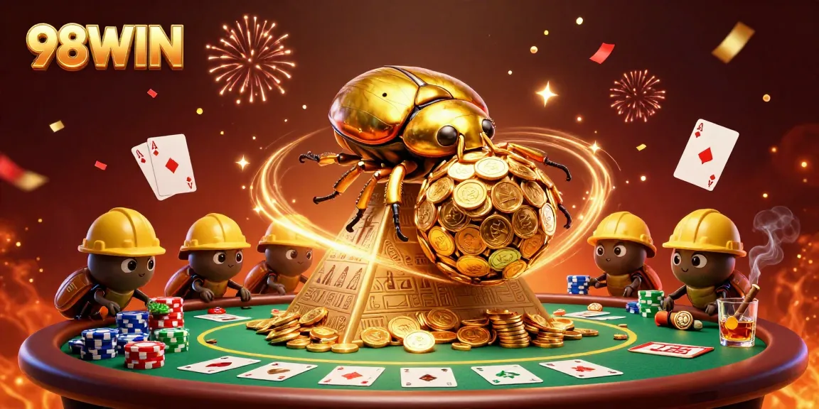 Win big with 98WIN at the vibrant casino illustration featuring golden coins and poker elements.