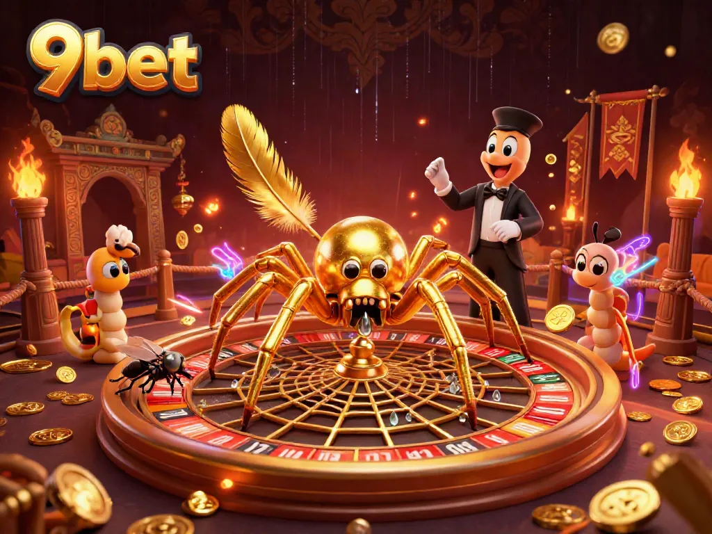 Experience thrilling bets at 9bet with a captivating illustration of a spider croupier at the roulette wheel.