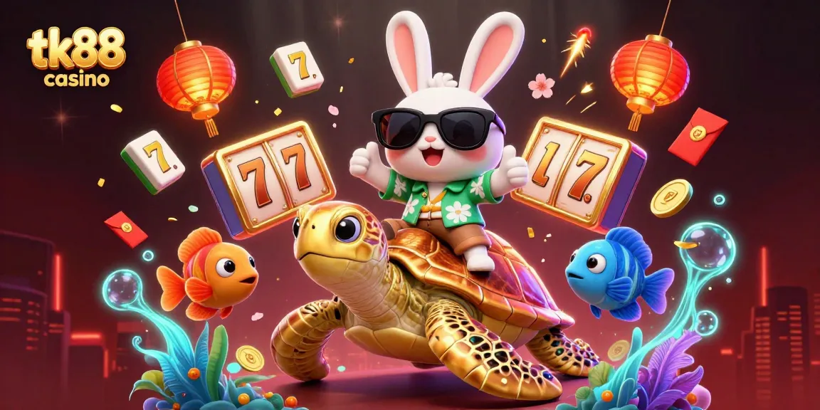 Experience the thrilling atmosphere of tk88 casino with a vibrant underwater scene featuring a lucky rabbit, sea turtle, and colorful game elements.