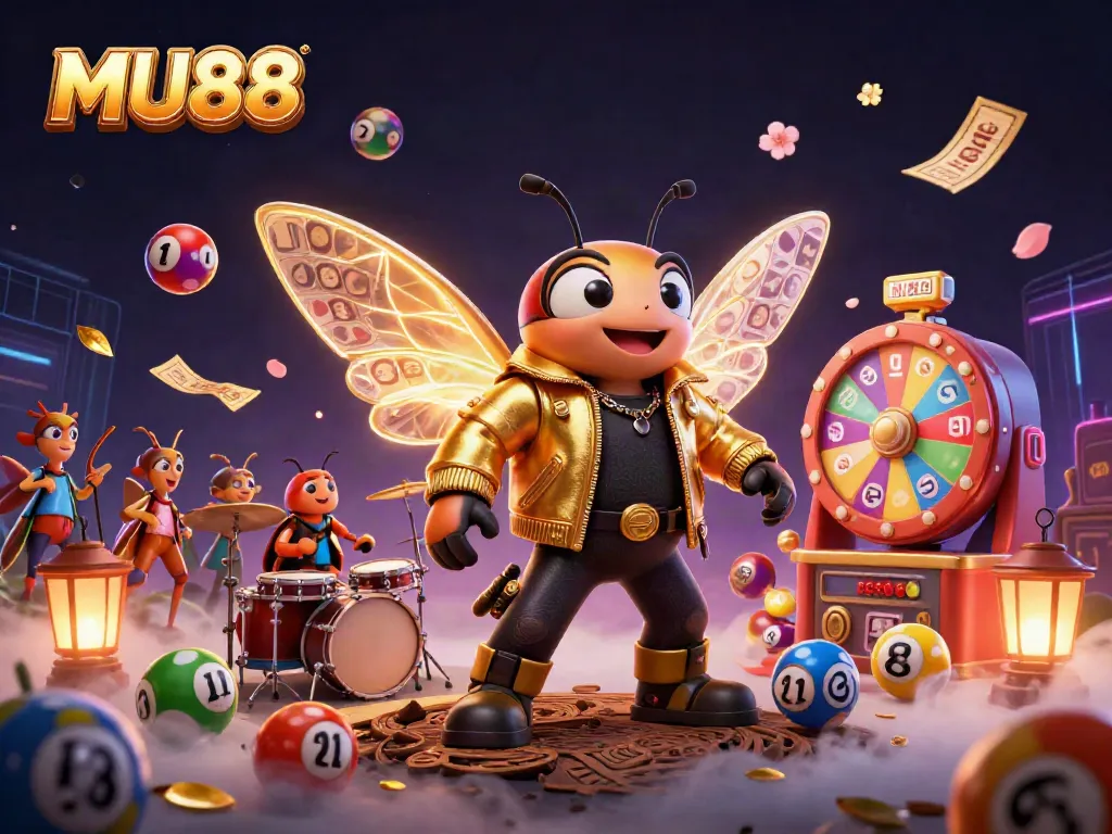 Engage with MU88 in a vibrant casino scene featuring a cicada rock star and beetle drummer.