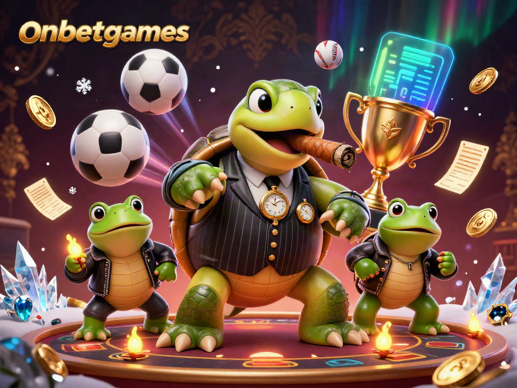 Engage with onbetgames in a vibrant casino scene featuring a mobster turtle and bullfrog enforcers.