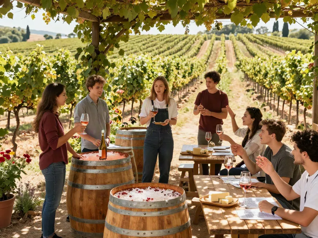 Young winemakers collaborating at avpwinecollective.com vineyard, enjoying fresh wines and vibrant surroundings.