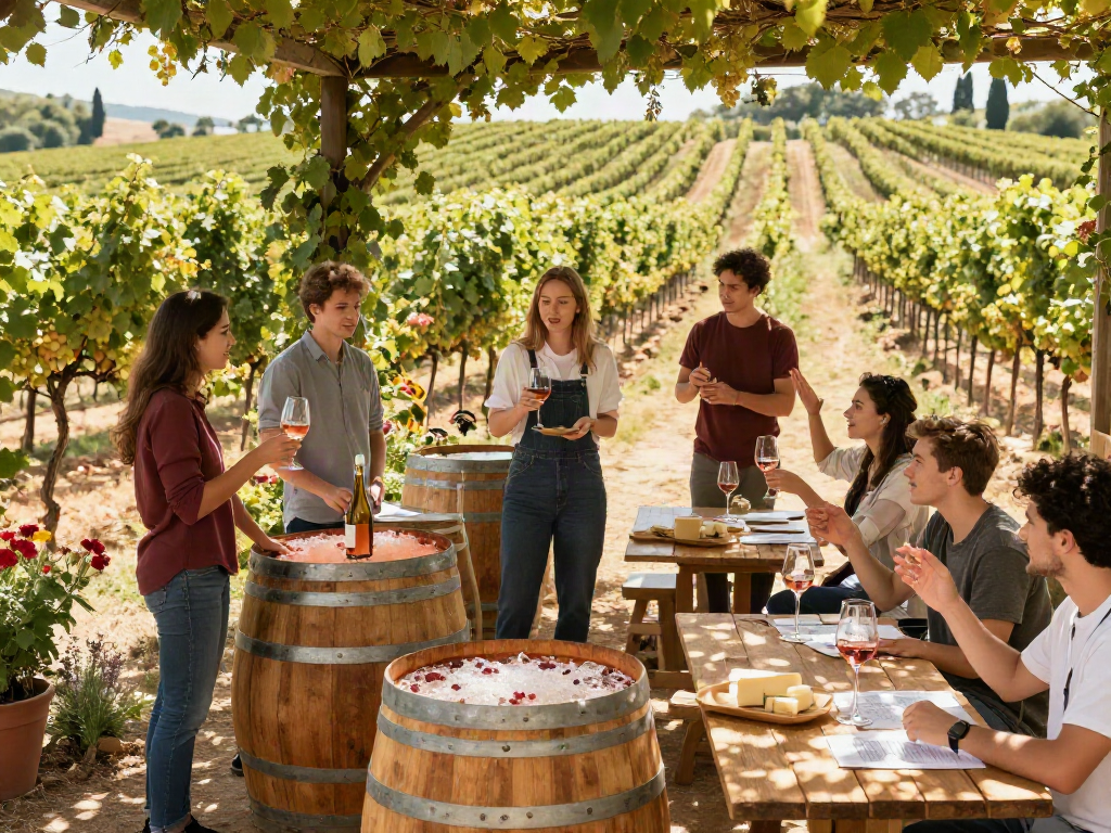 Young winemakers collaborating at avpwinecollective.com vineyard, enjoying fresh wines and vibrant surroundings.