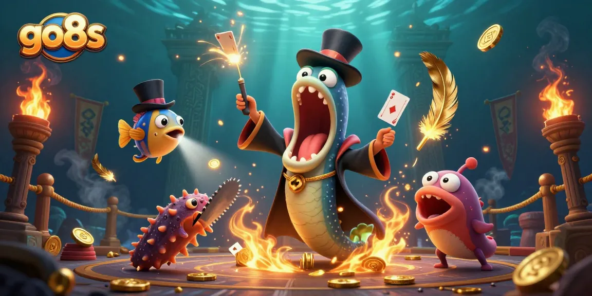 Experience the magic of go8s with a vibrant deep-sea casino scene showcasing high-stakes card tricks and spectacular effects.