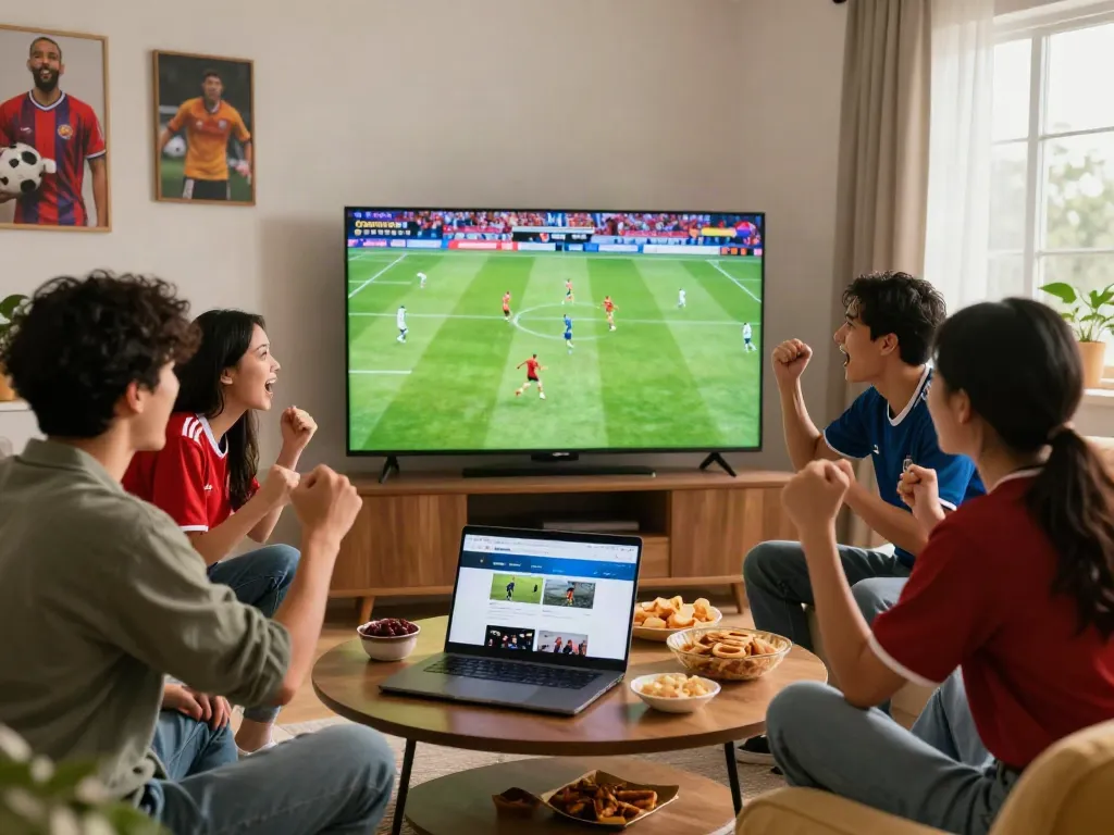 Friends enjoying a live football match on Thapcamtv, with snacks and excitement in a cozy setting.