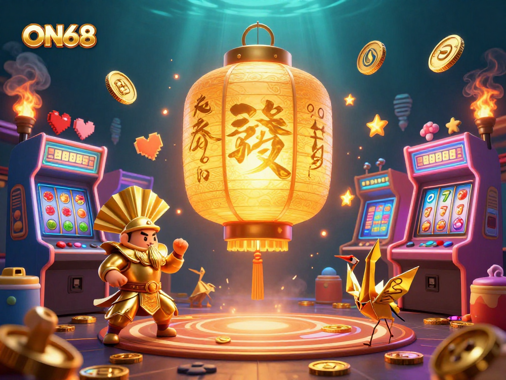 Experience vibrant gaming excitement with ON68's dynamic casino scenes featuring golden lanterns and arcade machines.