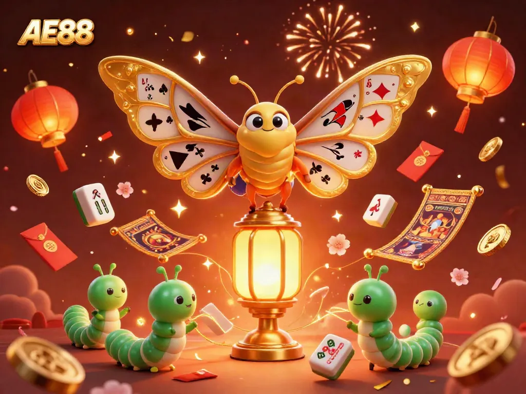 Play vibrant AE88 casino games with golden butterflies and festive decorations bringing luck.