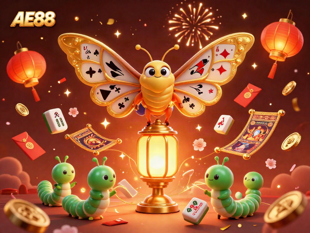 Play vibrant AE88 casino games with golden butterflies and festive decorations bringing luck.