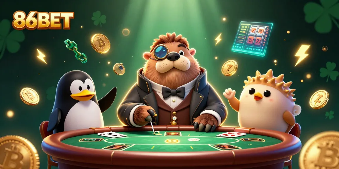 Experience thrilling poker action with 86BET as a walrus and friends enjoy their game amidst glowing crypto coins.