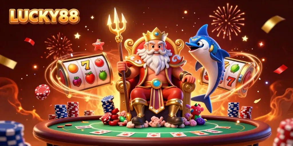 Experience the excitement of LUCKY88 with vibrant casino elements and festive atmosphere.