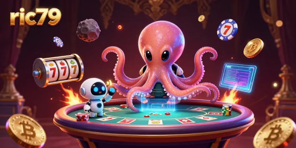 Engage with the thrilling ric79 casino world, where an alien octopus manages a holographic poker table, animated with vibrant crypto elements.
