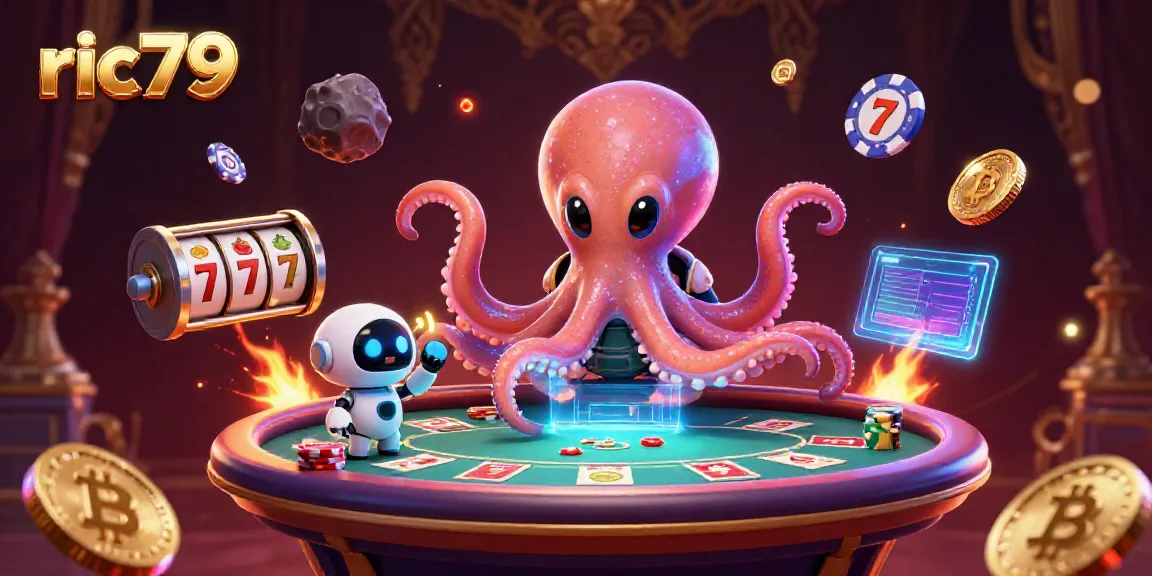 Engage with the thrilling ric79 casino world, where an alien octopus manages a holographic poker table, animated with vibrant crypto elements.