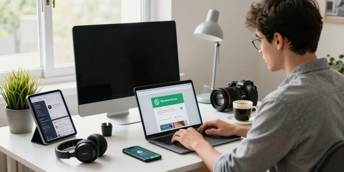 WhatsApp下載 in a contemporary home office, showcasing tech gadgets and a laptop with WhatsApp download page.