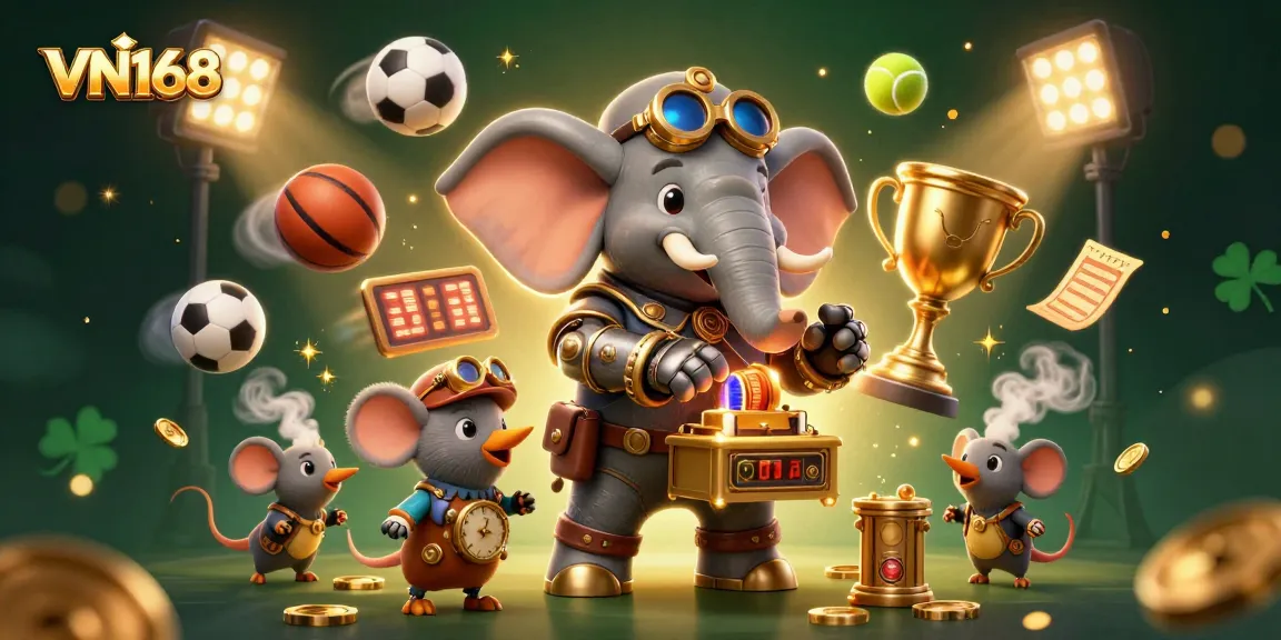 Experience the thrill of VN168's gaming world with steampunk characters amidst sports animations.