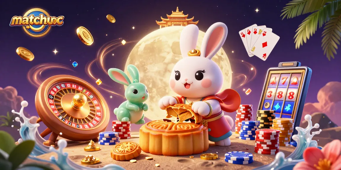 Spin to win at matchuoc with vibrant 3D casino illustration featuring the moon rabbit and poker elements.