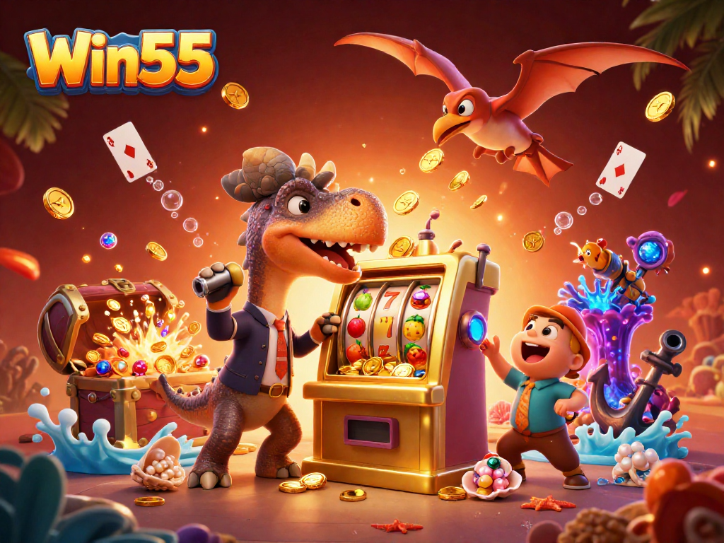 Win55 slots action with pachycephalosaurus, ankylosaur, pteranodon in dynamic scene.