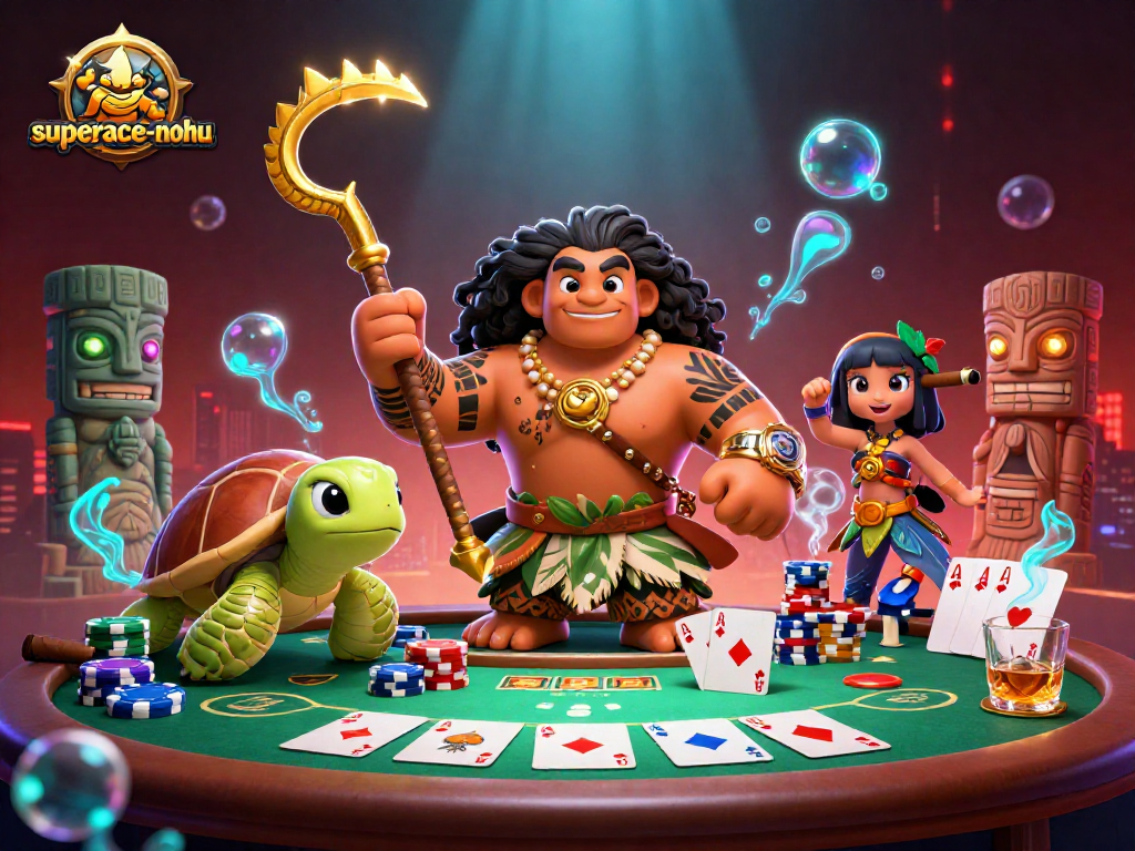 Win big with superace-nohu as the Hawaiian demigod plays poker among glowing tiki statues and vibrant casino elements.