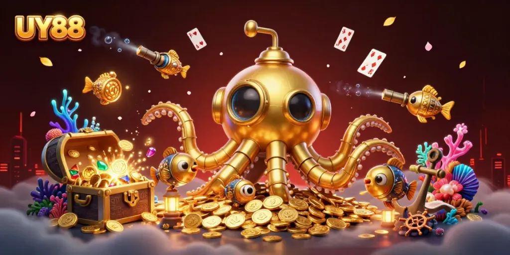 Experience UY88 with a captivating 3D illustration of a kraken submarine surrounded by casino elements.