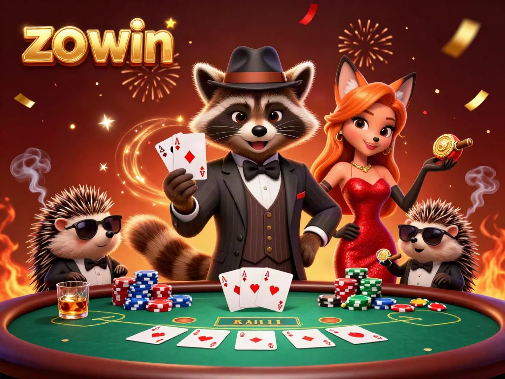 Experience the excitement of zo win at a poker table with a suave raccoon, a fox lady, and a bouncer.