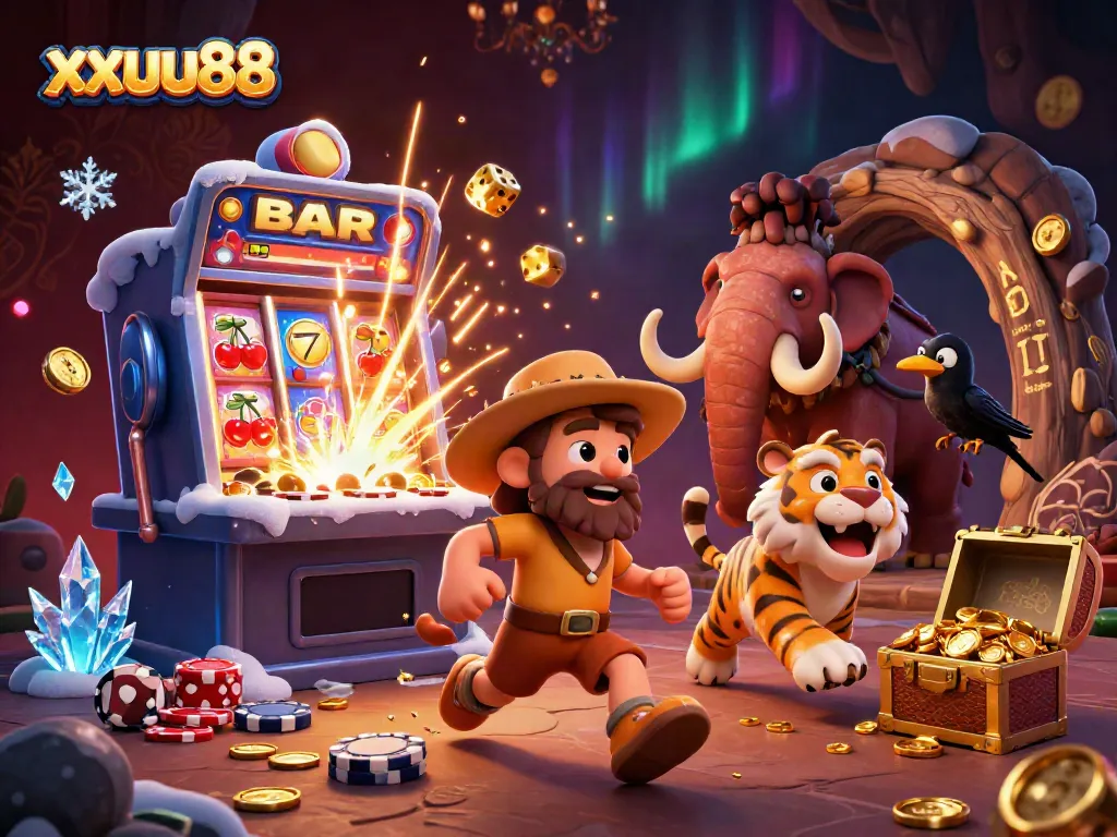 Experience the thrill of xxuu88 with a prehistoric casino featuring caveman characters and vivid game elements.
